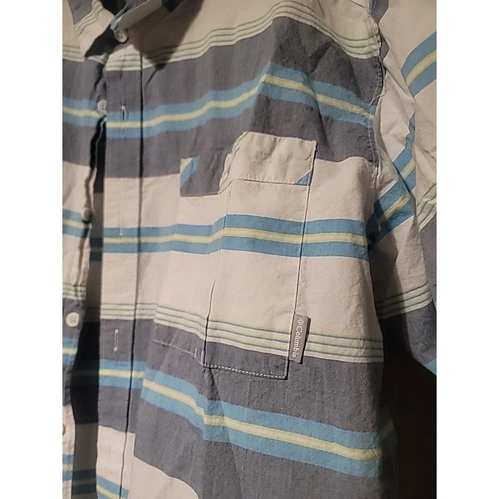 Columbia Mens XXL Blue Striped Short Sleeve Button Down Cotton‎ Shirt RN69724